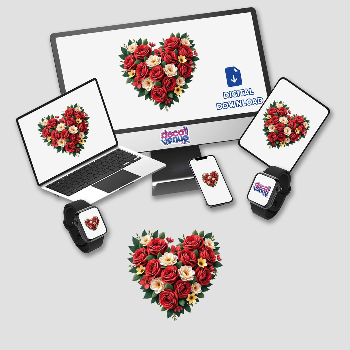 Floral Heart Clipart - Beautiful Rose and Flower Graphic displayed on a computer monitor and laptop, ideal for stickers or digital artwork.