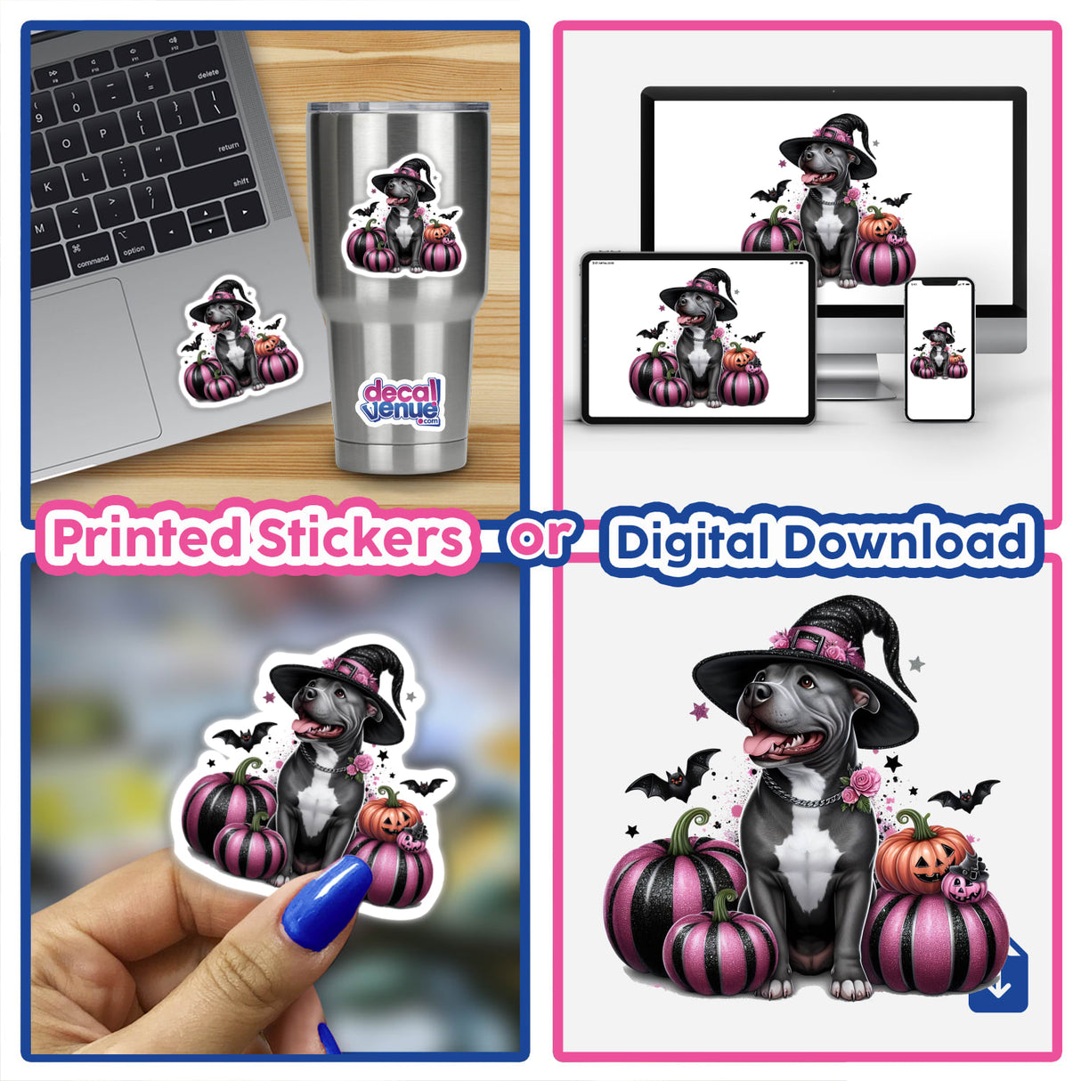 Collage featuring Halloween Pitbull Dog w/ Glitter Pumpkins stickers and digital artwork on a laptop and cup, including close-ups of a dog in a hat and hand-held sticker.