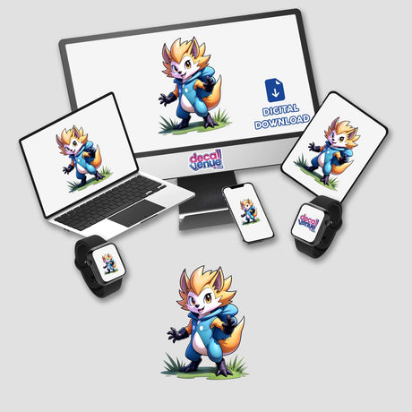 Furry Fighter - Spike Fury The Hedgehog features on a laptop screen and mouse pad, surrounded by electronic devices, available as stickers or digital artwork from Decal Venue.