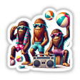 Colorful digital artwork depicting three Sasquatch creatures wearing sunglasses and summer attire, surrounded by beach balls and a boombox, enjoying a lively summer beach party.