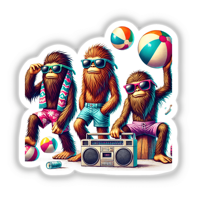 Colorful digital artwork depicting three Sasquatch creatures wearing sunglasses and summer attire, surrounded by beach balls and a boombox, enjoying a lively summer beach party.