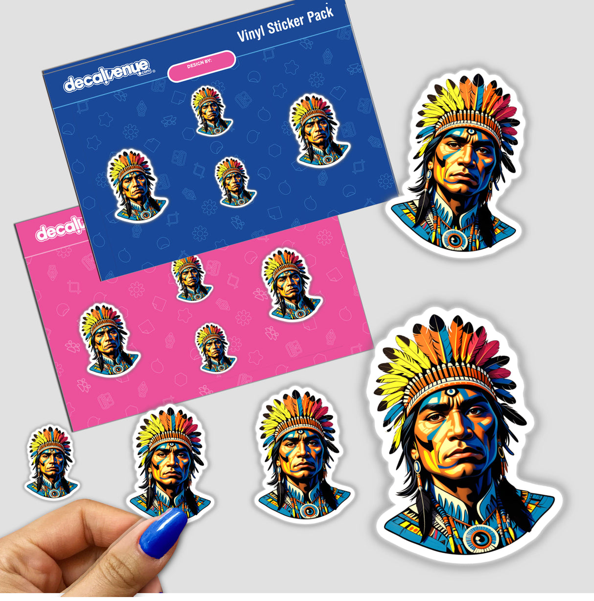Sticker featuring a cartoon of a Native American Warrior Chief adorned with a colorful headdress, available as vinyl stickers or digital artwork from Decal Venue.