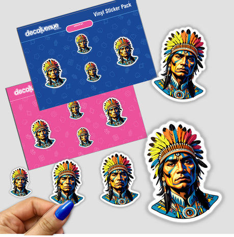 Sticker featuring a cartoon of a Native American Warrior Chief adorned with a colorful headdress, available as vinyl stickers or digital artwork from Decal Venue.