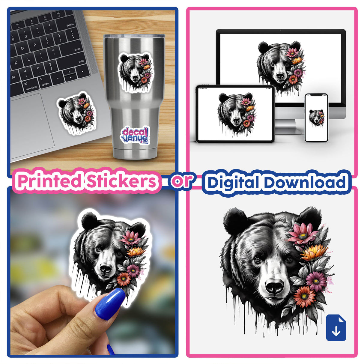 Floral bear portrait artwork, available as printed stickers or digital download from Decal Venue, an online store offering unique stickers and digital art.