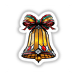 Holiday Bell Stained Glass Style sticker or digital artwork featuring a yellow bell adorned with a red bow, designed in a cartoon-like stained glass pattern, perfect for festive decorations.