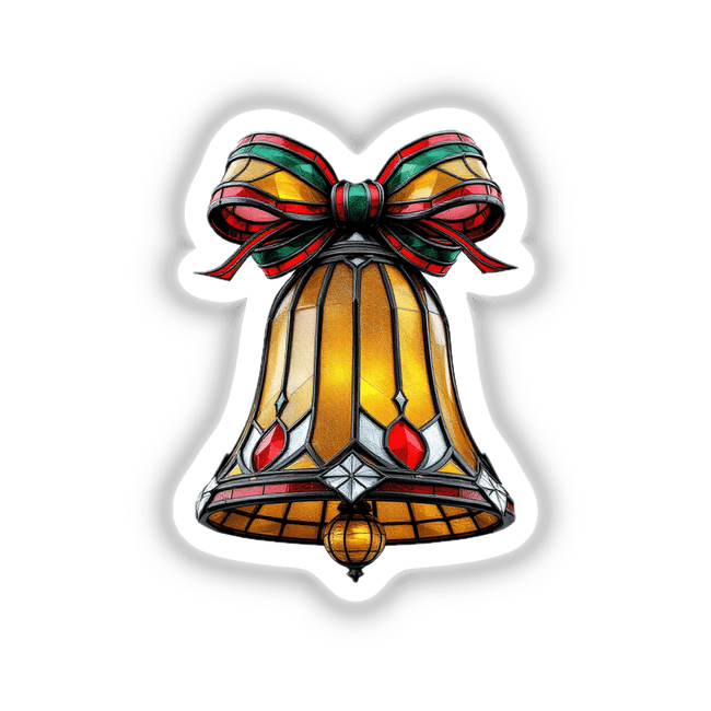 Holiday Bell Stained Glass Style sticker or digital artwork featuring a yellow bell adorned with a red bow, designed in a cartoon-like stained glass pattern, perfect for festive decorations.