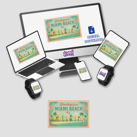 Greetings from Miami Beach Postcard Sticker or Clipart with Commercial Rights - Retro Art Deco Art, showcasing a vintage Miami Beach design, ideal for stickers or digital art from Decal Venue.