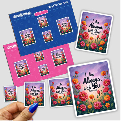 Fauvist Spring Marigold “I Am Always With You” Matthew 28:20 Sticker or Clipart depicting vibrant floral designs, available as stickers or digital artwork, held by a hand in the image.