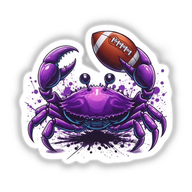 Vibrant digital artwork depicting a purple crab holding a football. The crab has large claws and a cartoonish, expressive design. The background features splatters of purple paint, adding to the vibrant and dynamic composition. This striking artwork would make an eye-catching sticker or digital design.