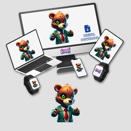 A Macabre Scary Bear cartoon character on a computer screen, available as stickers or digital artwork from Decal Venue, showcasing unique and creative designs.