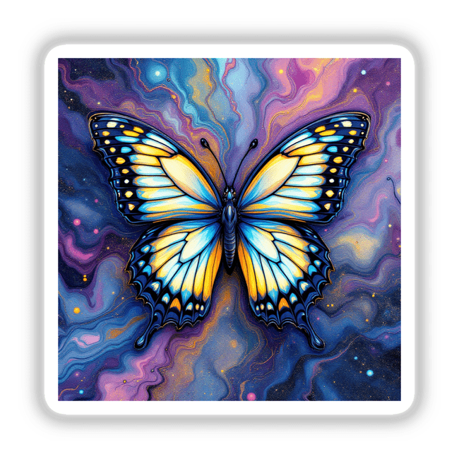 Butterfly Alcohol Ink Design featuring a vibrant butterfly with intricate yellow and blue wings, available as stickers or digital artwork from Decal Venue, renowned for unique stickers and digital art.
