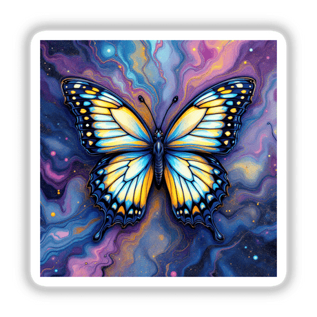 Butterfly Alcohol Ink Design featuring a vibrant butterfly with intricate yellow and blue wings, available as stickers or digital artwork from Decal Venue, renowned for unique stickers and digital art.