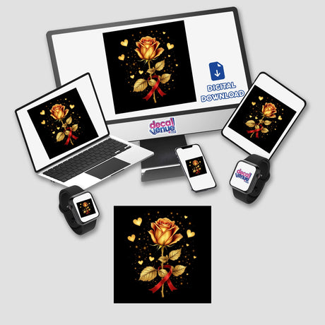 Gold Rose with Red Ribbon and Glitter Hearts displayed on a computer monitor, laptop, and other devices, showcasing its versatility as both stickers and digital artwork.