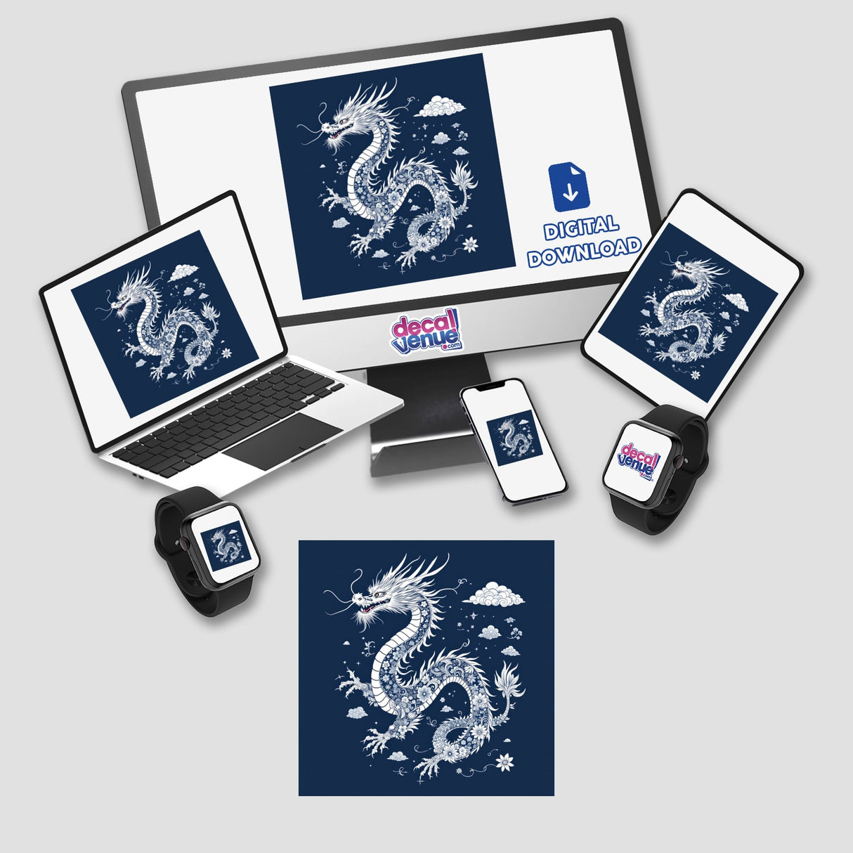 Chinoiserie Dragon design displayed on a laptop, tablet, and smartwatch screen, emphasizing its versatility as stickers or digital artwork available at Decal Venue.