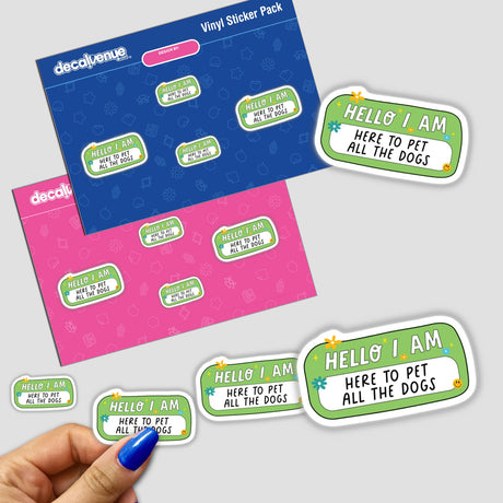 Sticker pack featuring Hello I Am designs, showcasing a variety of green, white, and black text stickers. A close-up of a finger with blue nail polish is also visible.
