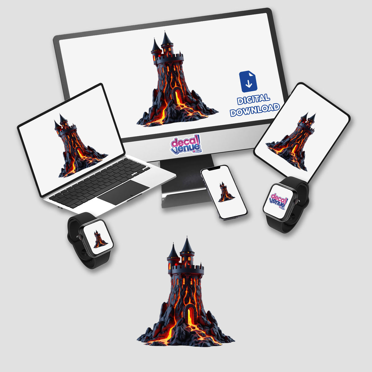 Molten Lava Castle Tower displayed on a computer monitor and laptop, showcasing a castle on a volcano. Available as stickers or digital artwork from Decal Venue.