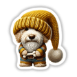Goldendoodle Gnome Holding Dog Bone digital artwork features a cartoon dog in a hat and sweater, perfect for holiday-themed stickers or downloads from Decal Venue.