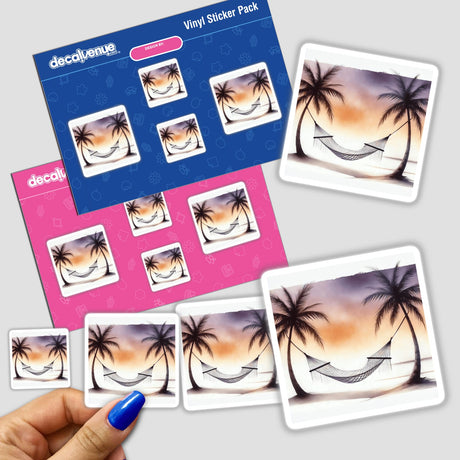 Hammock Retreat - Peaceful Boho Watercolor Art stickers featuring palm trees and hammocks, available as both stickers and digital artwork.