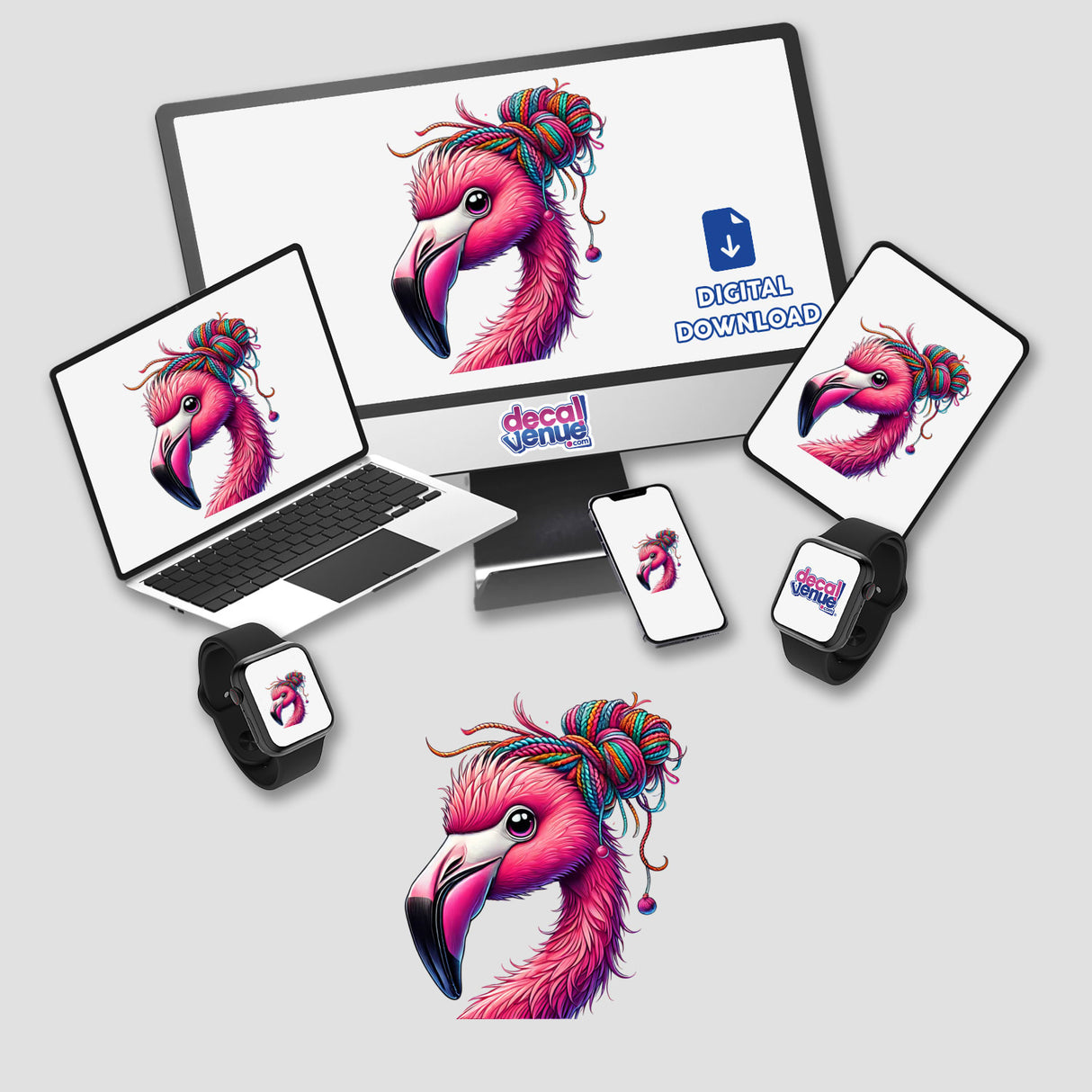 Flamingo with Yarn Hair Bun on a laptop and monitor screen, showcasing a whimsical digital design available as stickers or digital art from Decal Venue.