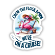 Relaxed flamingo holding a drink while on a cruise vacation, enjoying a calm day on the beach.