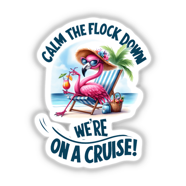 Relaxed flamingo holding a drink while on a cruise vacation, enjoying a calm day on the beach.