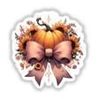 Fall Sunflowers Pumpkins and Coquette Bow: A detailed image featuring a pumpkin adorned with a decorative bow and surrounded by sunflowers, available as stickers or digital artwork from Decal Venue.