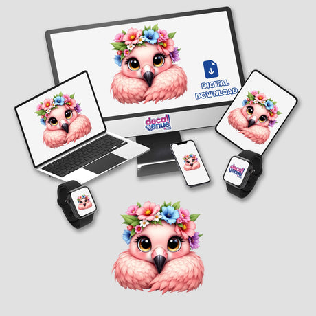 Charming Flamingo with a Flower Crown on a monitor and laptop, showcasing vibrant digital art. Ideal for stickers or prints, perfect for adding whimsy to any space.