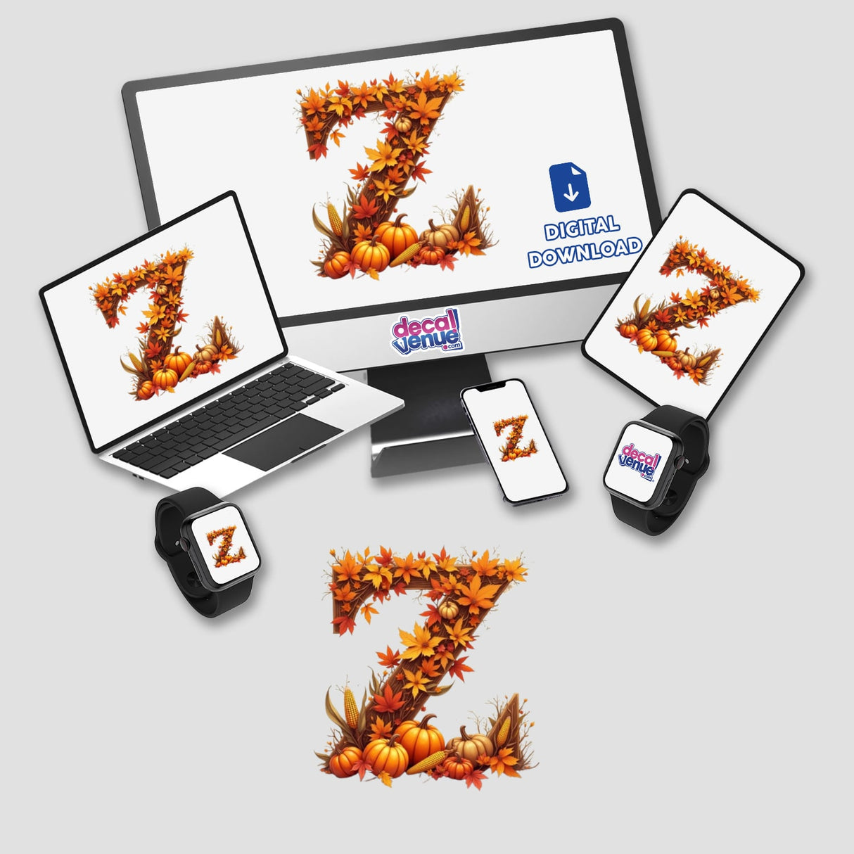 Fall Aesthetic Letter Z Clipart featuring a laptop, phone, watch, and computer mouse with a decorative letter 'Z' adorned with fall leaves and pumpkins. Available as stickers or digital artwork.