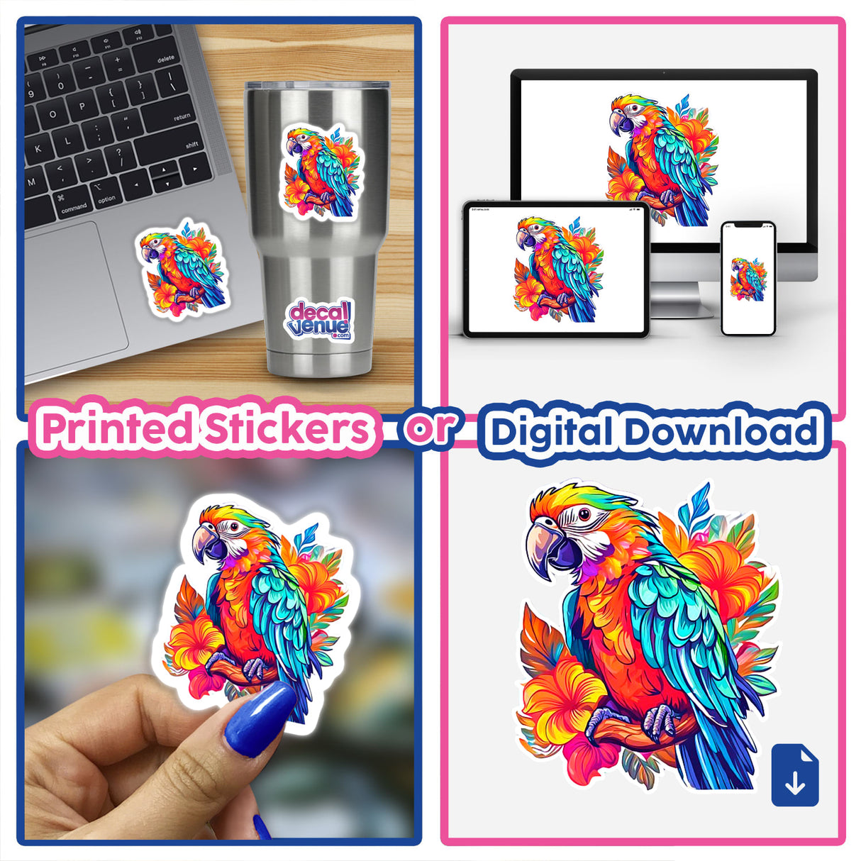 Collage showing a laptop with a Parrot sticker and a hand holding a similar sticker.