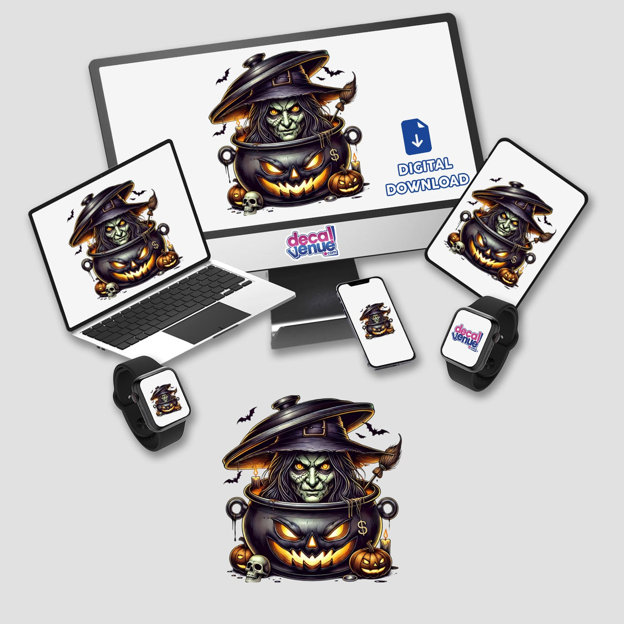 Spooky witch peeking out of Halloween pumpkin digital artwork displayed on various electronic devices, including a laptop, smartphone, and smartwatch, all featuring the Decal Venue store branding.
