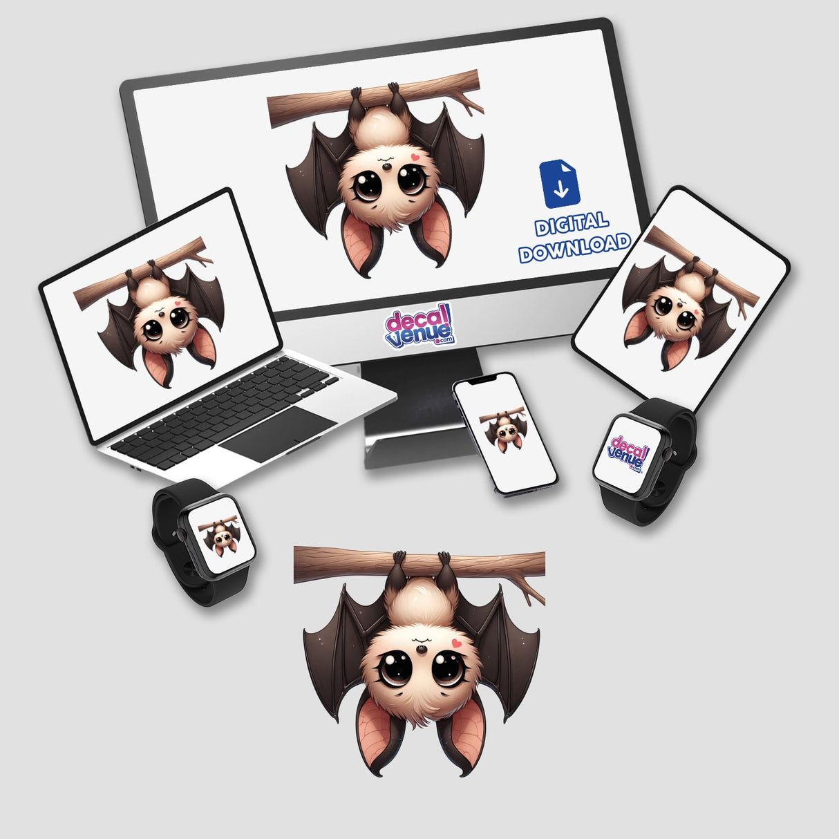 Cute cartoon bat digital artwork with large eyes and wings displayed across various electronic devices including laptops, smartphones, and smartwatches from the Decal Venue store.
