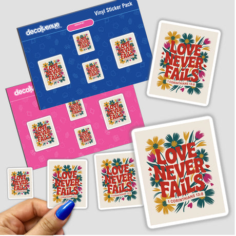 Love Never Fails 1 Corinthians 13:8 Sticker or Clipart features floral designs with text, suitable as stickers or digital artwork, and available with commercial rights.