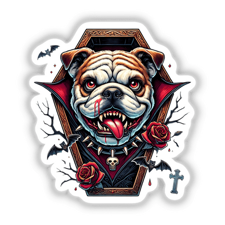 Creepy bulldog vampire with red eyes, fangs, and surrounded by bats, roses, and a gothic frame in the Decal Venue digital art collection.