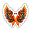 Orange Awareness Ribbon with Wings depicted as a graphic design, available as stickers or digital artwork, highlighting its unique style, perfect for Decal Venue's collection of distinctive vinyl stickers and art.
