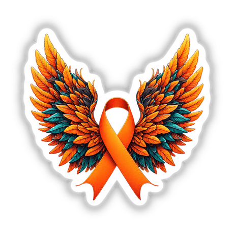 Orange Awareness Ribbon with Wings depicted as a graphic design, available as stickers or digital artwork, highlighting its unique style, perfect for Decal Venue's collection of distinctive vinyl stickers and art.