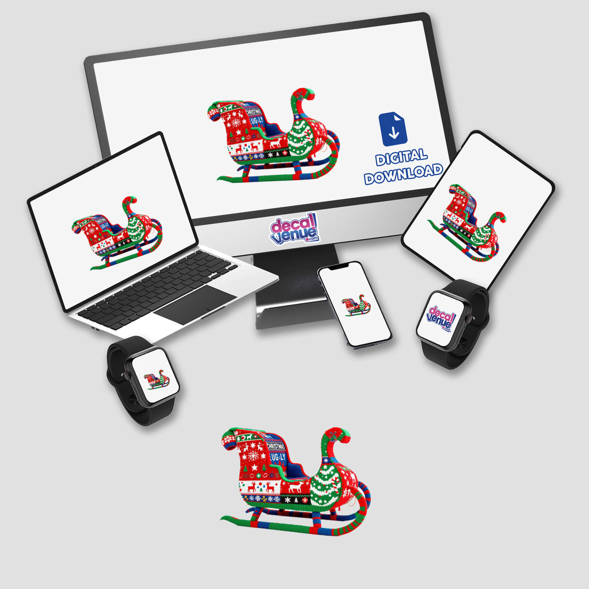 Sleigh Ugly Christmas Sweater Style featuring a digital artwork of a sleigh on a computer monitor, laptop, and smartwatch. Available as stickers or digital artwork from Decal Venue.