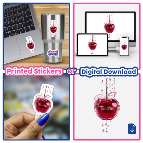 Decorative crystal apple design with "Teacher" text, available as printed stickers or digital download from Decal Venue, an online store offering unique stickers and digital art.