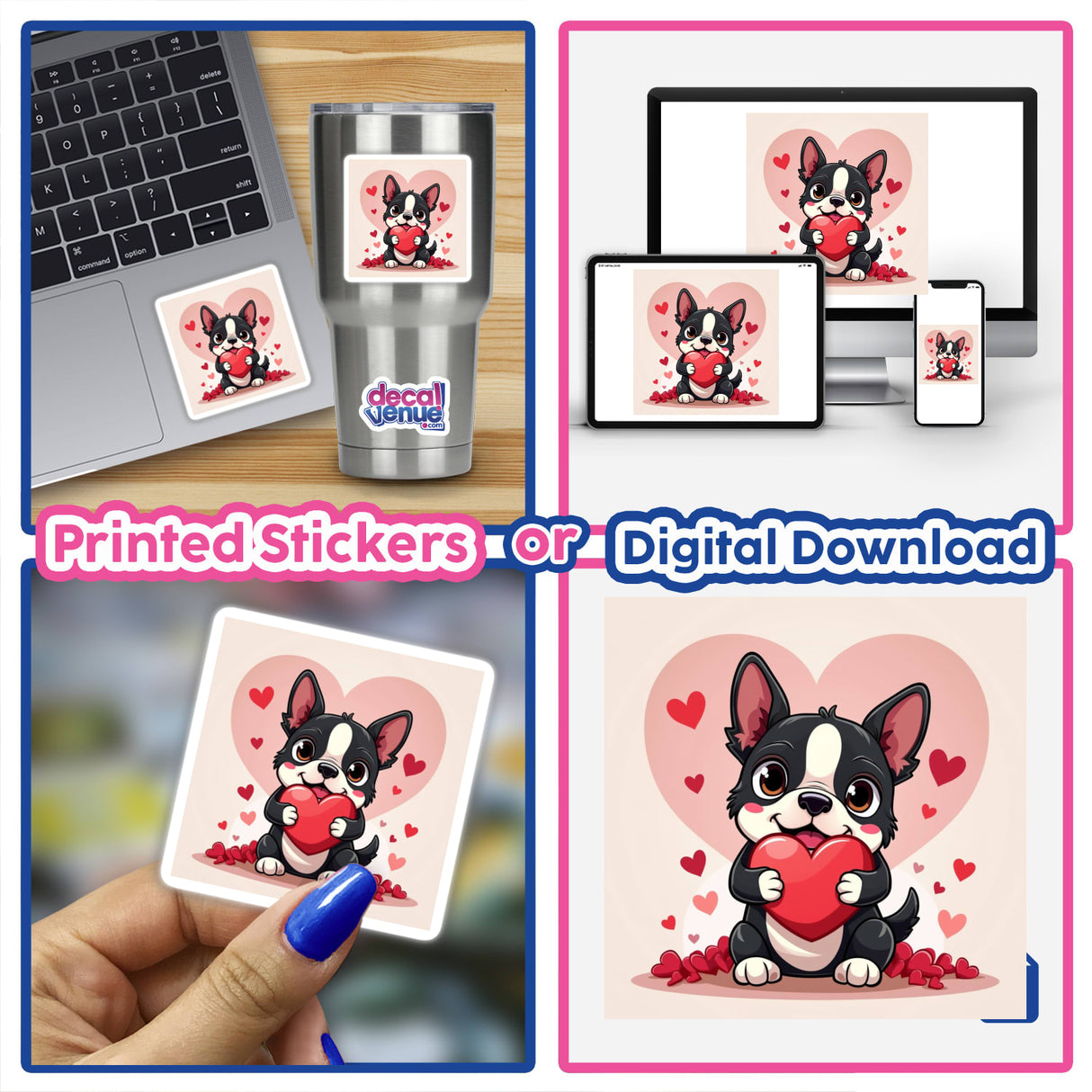 Valentine’s Day Boston Terrier Sticker & Clipart features a cartoon dog holding a heart, ideal for unique stickers or digital artwork, available with commercial rights from Decal Venue.