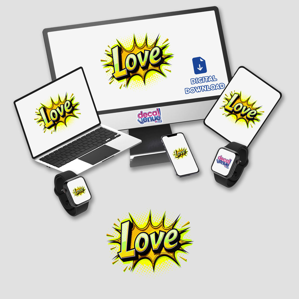 Love Valentine's Day-themed digital artwork featuring a computer monitor and laptop displaying a yellow and blue logo, alongside a black smartwatch. Available as stickers or digital art.