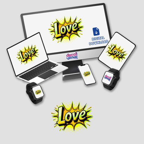 Love Valentine's Day-themed digital artwork featuring a computer monitor and laptop displaying a yellow and blue logo, alongside a black smartwatch. Available as stickers or digital art.