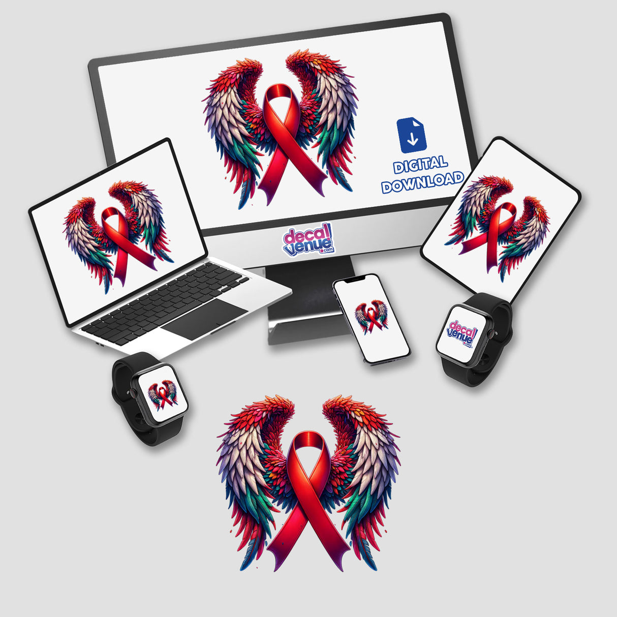 Red Awareness Ribbon with Wings depicted on a computer monitor and laptop, available as stickers or digital artwork, showcasing a unique design from Decal Venue.