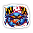 Maryland Crab Football Splatter: A cartoon crab energetically holds a football and flag, available as unique stickers or digital artwork from Decal Venue.