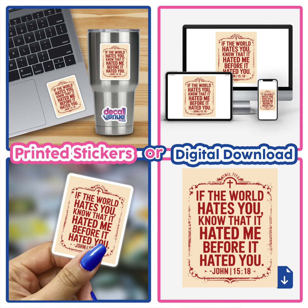 Inspiring Bible Verse Clipart - If the World Hates You John 15:18 displayed on a laptop and phone collage, offered as stickers or digital artwork for commercial use.