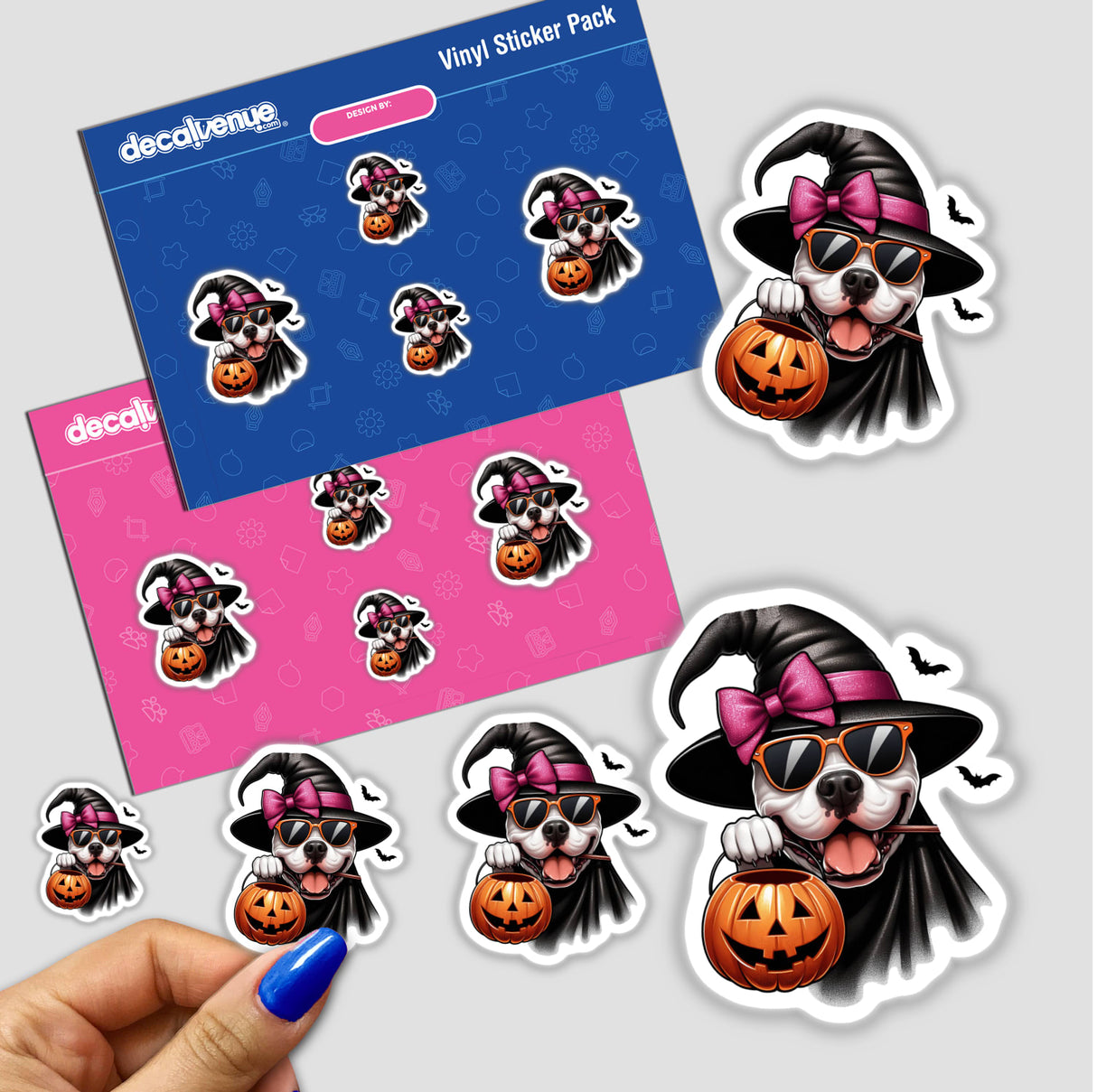 Sticker featuring a Pitbull Bully Dog in a hat and sunglasses holding a pumpkin, titled Halloween Trick or Treat Pitbull Bully Dog. Available as stickers or digital artwork.