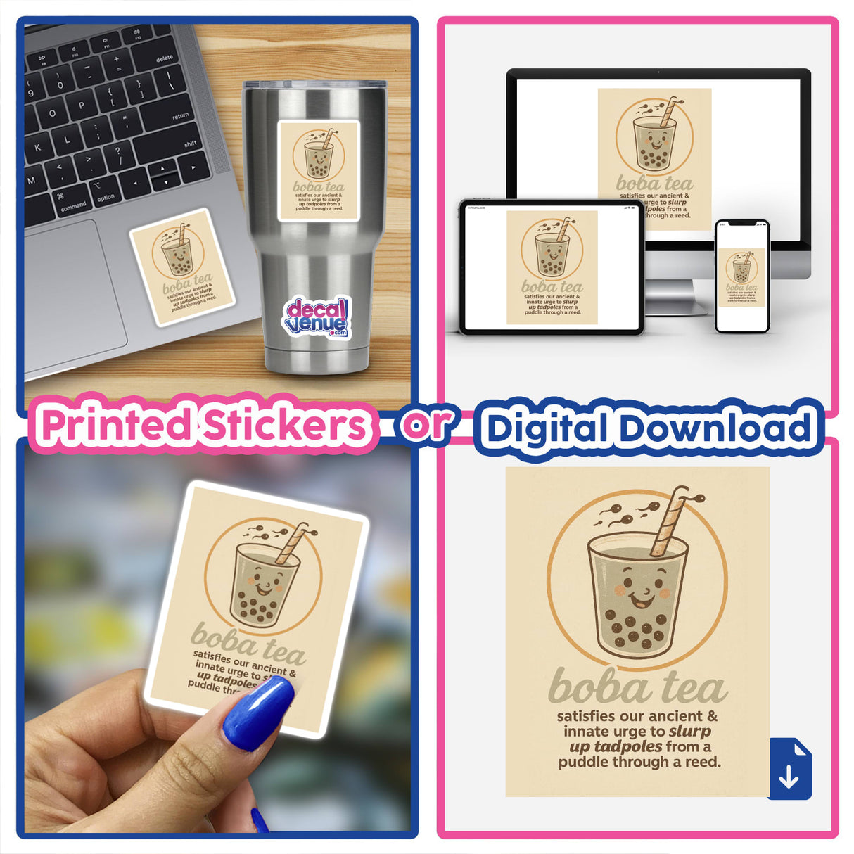 Funny Boba Tea Sticker or Clipart with Commercial Rights - Humorous Bubble Tea Design featuring a collage with laptop and sticker, ideal for adding personality to tech or digital projects.