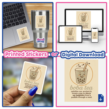 Funny Boba Tea Sticker or Clipart with Commercial Rights - Humorous Bubble Tea Design featuring a collage with laptop and sticker, ideal for adding personality to tech or digital projects.