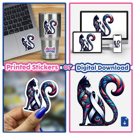 Cat White Ribbon Bone Cancer Awareness sticker on a laptop, features a cat with colorful swirls and a white ribbon, emphasizing support and awareness through unique vinyl art.