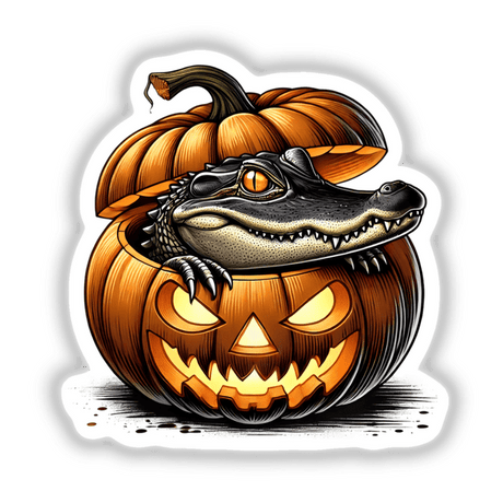 Frightening Halloween pumpkin with a mischievous alligator peering out, digital artwork with vivid colors and details