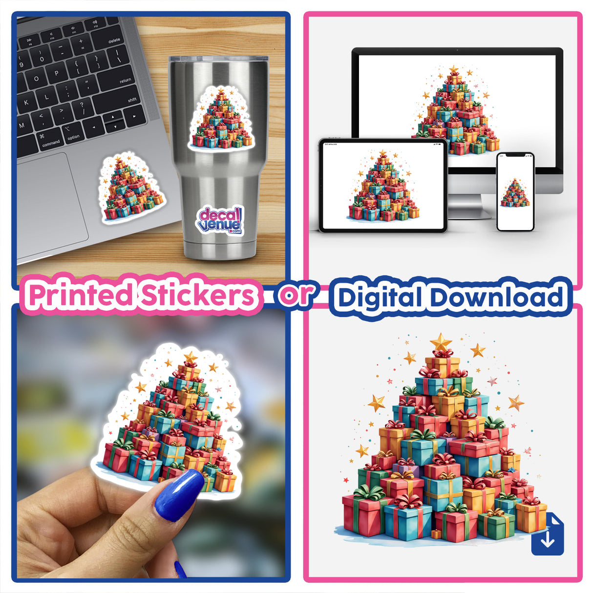 Christmas Presents Tree collage featuring stacks of gift boxes, a silver cup with presents, and a laptop with a sticker, available as unique stickers or digital artwork from Decal Venue.