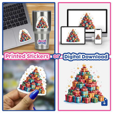 Christmas Presents Tree collage featuring stacks of gift boxes, a silver cup with presents, and a laptop with a sticker, available as unique stickers or digital artwork from Decal Venue.
